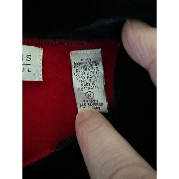 Vintage Valerie Stevens Red Sweater Cardigan Black Velvet Trim Merino Wool Sz M - Picture 7 of 11
